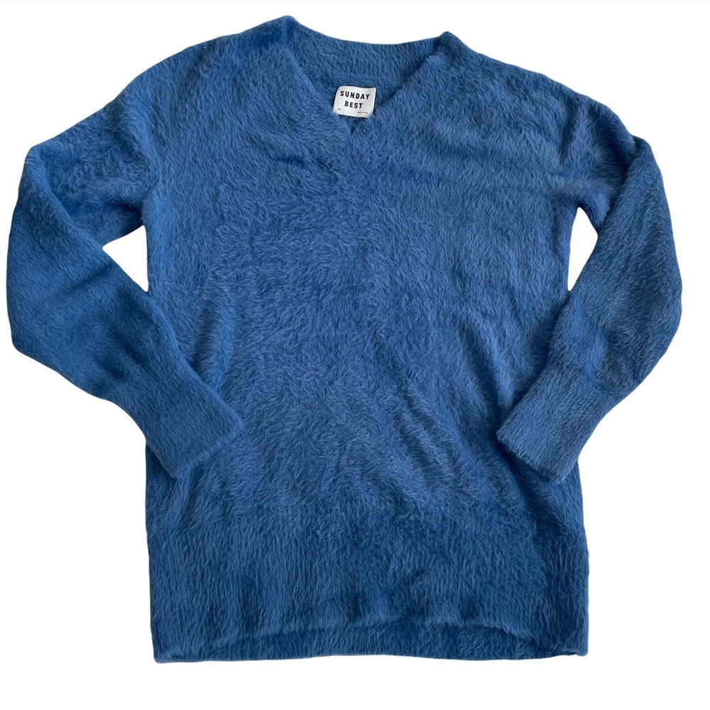 Aritzia Sunday Best Kitten Fuzzy Blue Vneck Furry Sweater cozy soft